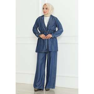 Conjunto de Mezclilla Azul Oscuro con Detalle de Cordones, Estilo Casual para Club, Largo Midi, Tela de Lana, Temporada Verano-Otoño, Talla 2XL, Top Corto con Logotipo 19209 - Product Image 3