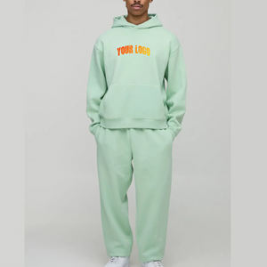 Logo brodé personnalisé poids lourd 100% coton polaire à capuche pantalon de survêtement ensemble hiver tenue décontracté streetwear hommes 2 pièces - Product Image 1