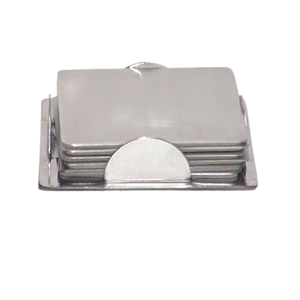 Modern Set of Six (or More) Brushed Metal Coffee & Tea <b>Round</b> Drink Coasters with Matching Vertical <b>Post</b> Storage Caddy/Holder - Product Image 2