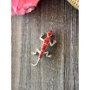Navajo Coral & Sterling Silver Cobblestone Lizard <b>Brooch</b> <b>Pin</b> Gift for Jewelry Lovers - Product Image 3