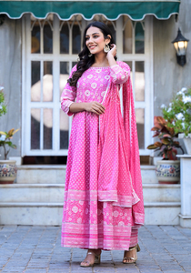 Vestido Largo de Algodón para Mujer, Estilo Anarkali, Cuello en V, Manga Corta, Estampado Floral, Corte en A, con Dupatta, para Fiestas o Uso Casual, OEM - Product Image 5