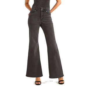 Jean taille haute personnalisé pour femmes, coupe droite, denim en coton délavé avec style devant plat et logo à boutons personnalisé - Product Image 1