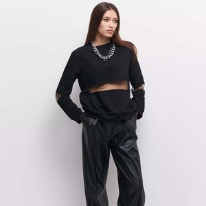 Mới Phong Cách Crewneck Thiết Kế Xem Qua Lưới Phụ Nữ Mùa Xuân Mùa Thu Mỏng Dài Tay Áo Phụ Nữ Đồng Bằng Áo Thun Áo Nỉ - Product Image 4
