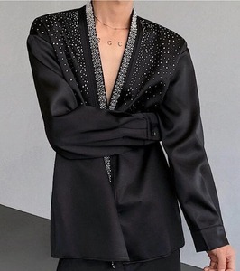 Venta al por mayor Bling Rhinestone algodón hombres camisetas personalizadas manga completa brillo diseño camiseta para ropa de moda - Product Image 2