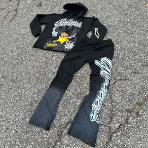 Ensemble sweat-shirt et pantalon de survêtement évasé personnalisé brodé, en coton délavé, coupe ample et oversize pour homme - Product Image 2