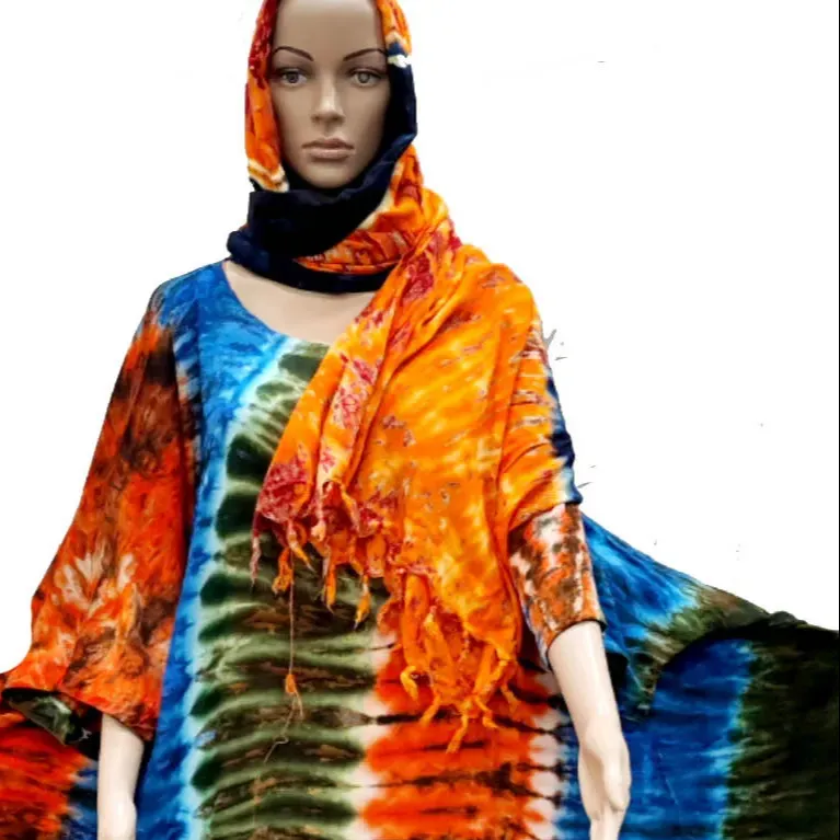 African Hand Tie Dye Kaftan with Rayon Lose Rope Free Fall Fabric with Scarf elegant fast colors