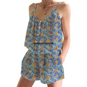 Conjunto de Pijama Corto con Estampado a Mano, de Algodón Suave para Mujer, Primavera/Verano, Floral, Ajustado, con Tirantes, sin Mangas - Product Image 4