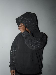 Regular Fit Unisex Woven Hooded Heavyweight Polyester Cotton Hoodie Custom Wholesale Embroidered Rhinestone Design Washed Puff - Product Image 3