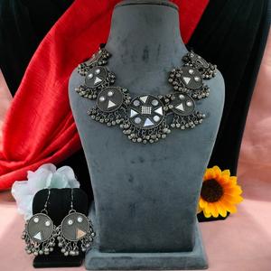 Adjustable Chain Necklace with Black Oxidised <b>Small</b> <b>Mirrors</b> Unique Comfortable Fit Antique Charm Fashion Accessory - Product Image 2