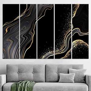 Impression sur toile murale élégante en marbre noir et or - Décoration moderne, lot de 5 toiles - Product Image 1