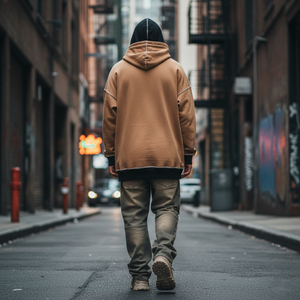 Sweat-shirt à capuche surdimensionné à double couche, style streetwear pour homme, hiver, noir et tan contrastés, impression numérique - Product Image 2