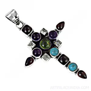 Bien # # # # Collar con Colgante de Cruz de Plata de Ley 925 con Piedras Preciosas para Mujer - Product Image 3