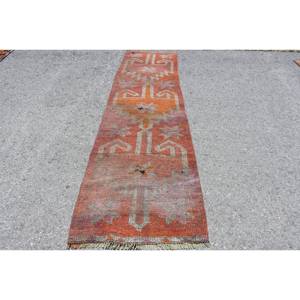 Tapis plat vintage en laine orange beige de 2,7x9 pieds, motif patchwork turc pour décoration de salon, largeur de 4m avec support en latex - Product Image 1