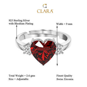 Anillo de Corazón Rojo Sangre para Mujer CLARA, Plata de Ley 925, Banda Ajustable, Bañado en Oro Rodio, con Circonita Suiza en Forma de Diamante - Product Image 5