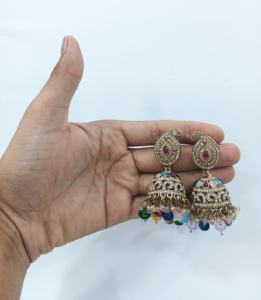 Pendientes Jhumka Vintage para Mujer, Pendientes Jhumka de Bollywood, Kundan Tradicional Indio, Chapado en Oro, Esmalte, Campanas Colgantes, Bodas - Product Image 4