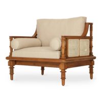 Fauteuil d'appoint en bois design avec revêtement beige et panneaux en rotin pour salon, chambre, salle de séjour et mobilier de maison moderne