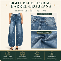 Jean pour femme bleu clair à motif floral, coupe baril, en denim doux imprimé, pantalon décontracté, vente en gros sous marque privée pour les boutiques européennes et américaines