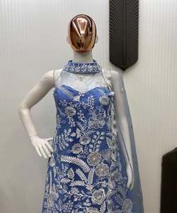 FILET DE BRODERIE DESIGNER TOP DE TRAVAIL PALAZZO AVEC DUPATTA PARTY WEAR PRIX DE GROS VÊTEMENT ETHNIQUE BLEU INDIEN PAKISTANI - Product Image 5