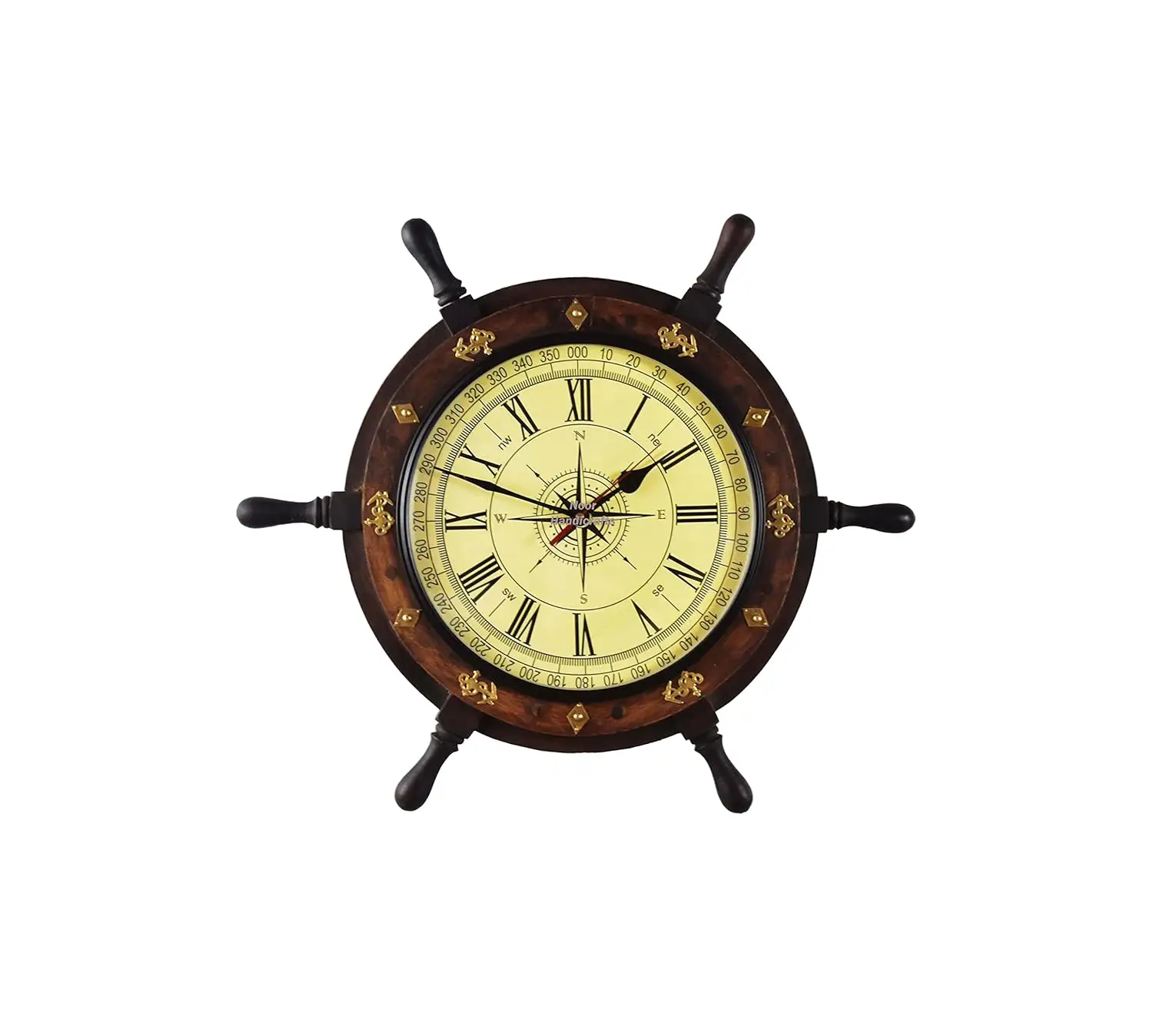Horloge de roue de bateau en bois de 12 "horloge de roue de bateau nautique avec cadran de boussole de pirate directionnel avec ancre et écriture en laiton