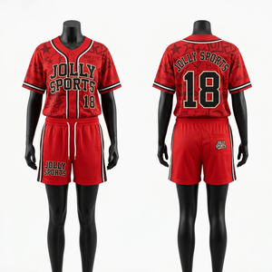 Women baseball jersey short <b>set</b> GSM breathable polyester <b>mesh</b> red contrast piping panels tackle twill custom logo Women's <b>Sets</b> - Product Image 3