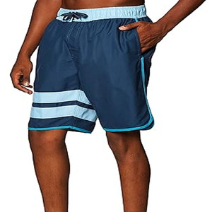 Short de bain pour homme à rayures et blocs de couleur, séchage rapide, taille à cordon de serrage, décontracté, bleu clair avec bordure bleu clair - Product Image 5