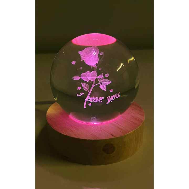 3D Rose LED Glass Globe With Wooden Stand