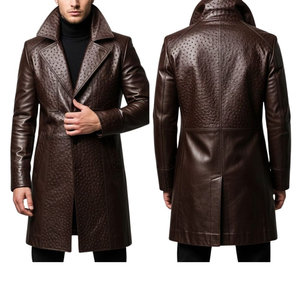 Manteau long en cuir véritable pour homme, col à revers, gaufré, simple boutonnage, coupe classique épaisse - Product Image 4