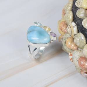 Vente chaude Naturel Bleu Larimar Océan Et Ronde Coupe Tourmaline Anneau Pierre Précieuse 925 En Argent Sterling Poire Coupe Amour Femmes Rencontres - Product Image 2