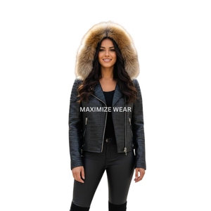 Nouvelle veste en cuir pour femmes à motif crocodile avec capuche en fourrure de renard élégante veste en cuir chaude d'hiver pour femmes - Product Image 1