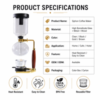 Cafetière à siphon en verre borosilicate 3 tasses 5 tasses avec poignée en bois, ensemble de cafetière à vide, vente en gros