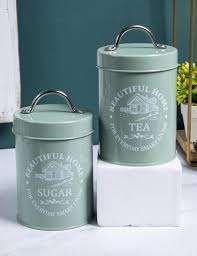 Artistic Galvanized Metal Lidded Tin <b>Canisters</b> <b>Kitchen</b> Storage Jar & Container <b>Sets</b> for Tea Low Price - Product Image 2