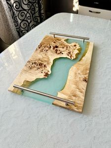 Bandeja de Servicio Rectangular de Madera de Teca de Lujo con Resina Epoxi Azul, Tabla Decorativa para Charcutería, Plato para Cocina, Hotel y Comedor - Product Image 3