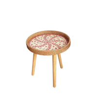 Plateau d'impression flore en rotin avec pieds en bois détachables table basse ronde avec plateau de service pour la maison du Vietnam