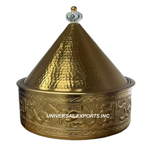 Pot en bois fini noyer avec couvercle poli miroir forme ronde vaisselle casserole dernière collection chauffe-aliments en métal fantaisie - Product Image 3