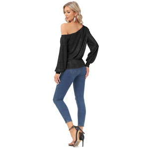Camicette da <span class=keywords><strong>donna</strong></span> a maniche lunghe con spalle scoperte OEM <span class=keywords><strong>Top</strong></span> asimmetrico con <span class=keywords><strong>paillettes</strong></span> - Product Image 6