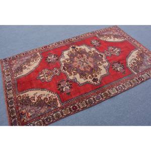 Vintage Turkish <b>Wool</b> Area Rug <b>Red</b> Beige Patchwork Design Large Rectangle 4 X 7 ft 10mm Thickness Latex for Hallway Bedroom - Product Image 2