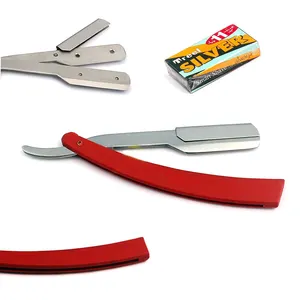 Red Straight Barber Edge Steel Razor Folding Shaving Knife With 11 Blades Razors