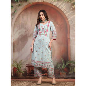 ชุดคุรตะผ้าจอร์เจตต์สีฟ้าสำหรับผู้หญิง พร้อมกางเกงปาลาซโซ่และผ้าคลุมไหล่ สไตล์ปากีสถาน ชุดสัลวาร์ คามีซสำเร็จรูป - Product Image 6