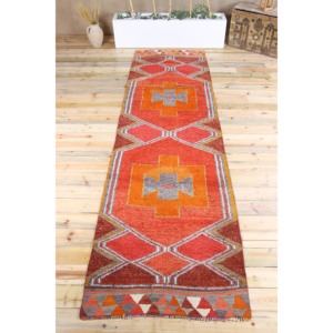 Tapis turc 3,37 x 12,3 pieds, tapis Herki vintage, tapis géométrique orange en laine - Product Image 1