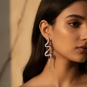 Boucles d'oreilles pendantes élégantes vintage en argent 925 pour femmes, plaquées or avec rubis, perle et diamant, bijoux de mariage et de fête, cadeau - Product Image 2