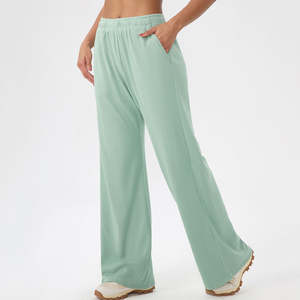 Pantalones deportivos de gofres de cintura alta para mujer, pantalones de entrenamiento de Fitness de pierna ancha informales sueltos de Color sólido Europeo Americano, suministro ODM - Product Image 6