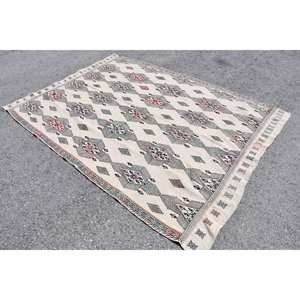 พรมสไตล์ตุรกีโบราณชาติพันธุ์5.5x7.8ฟุตผ้าขนสัตว์สีขาวคลาสสิกลายสี่เหลี่ยมปะต่อ3D ห้องอาหารน้ำยาง - Product Image 2