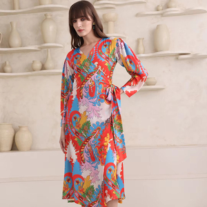 Vestido cruzado de satén recto acampanado con mangas abullonadas hasta la rodilla para mujer - Product Image 1