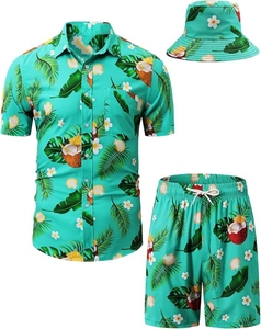 Custom OEM <b>Mens</b> Hawaiian <b>Shirt</b> and Short Set with Bucket Hat 3PCS Summer <b>Floral</b> Beach Outfit for Vacation and Resort Wear - Product Image 3
