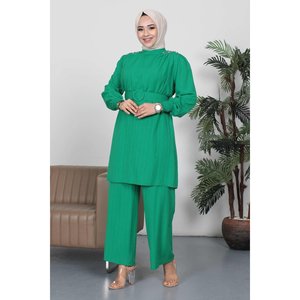 Conjunto de Cinturón con Detalles en Piedra Verde 87785, Top Midi Casual de Manga Larga con Cuello Redondo y Corte Regular - Product Image 3