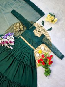 Lehenga Choli moderne bleu sarcelle attrayant, pour les fêtes, en soie georgette, travail de séquence, chemisier entièrement cousu, volant amovible, toutes saisons - Product Image 2