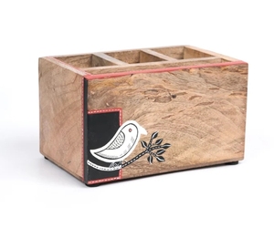 Chiraiya Black Bird Mango Wood Cutlery Holder Sheesham & Mango Wood Wooden Utensil Caddy Countertop Cutlery Holder - Product Image 1