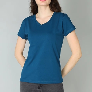 2025 gros été fitness fond rond dames t-shirts sérigraphie plaine 95 coton 5 spandex col en v t-shirt femme - Product Image 1