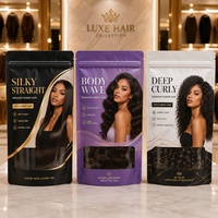 Sac d'emballage personnalisé de luxe pour extensions de cheveux, fermeture éclair à trois côtés, pochette de rangement en plastique haut de gamme imprimée sur mesure