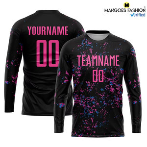 Maillot de football personnalisé noir, rose et bleu clair, respirant, à manches courtes, avec nom et numéros imprimés par sublimation - Product Image 5